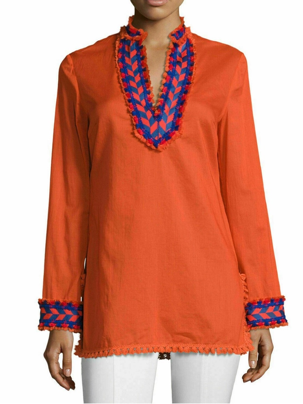 Tory Burch Samba Cotton Embroidered Fringe Trim Tunic Size 4 - Picture 2 of 3